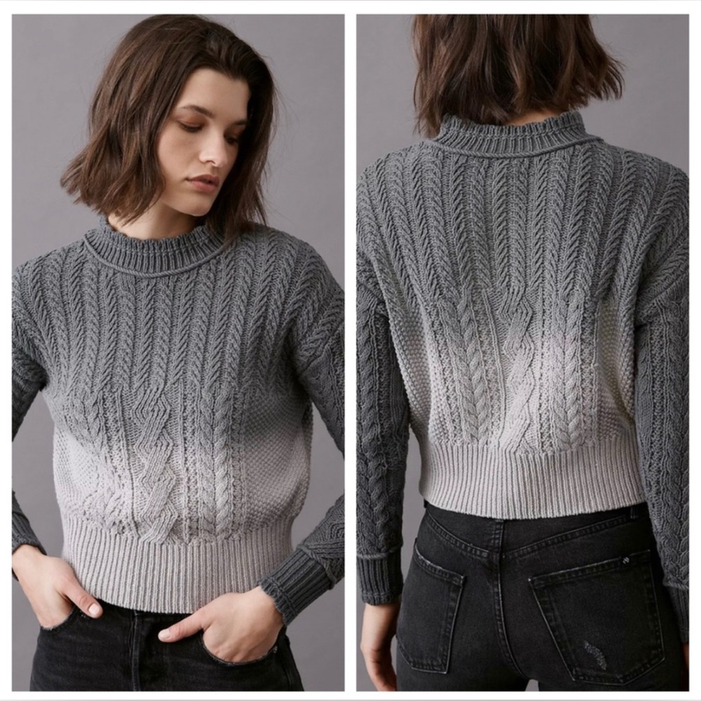 Anthropologie Marcie carbon gray ombré dip dye fisherman cropped sweater. Sz Sm